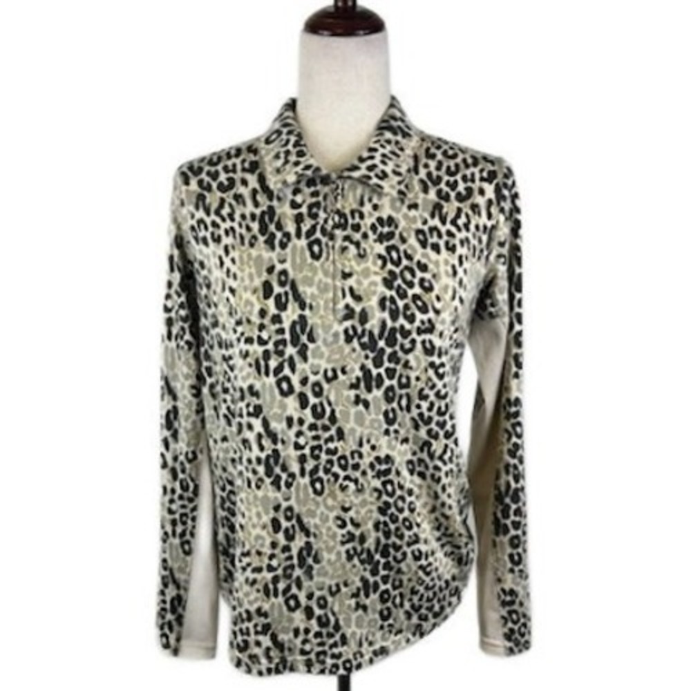 SanSoleil UPF 50 Leopard Print Long Sleeve Golf Shirt Beige Black Size Medium